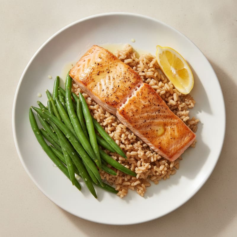 Seared Salmon Fillet with Steamed Green Beans and Brown Rice