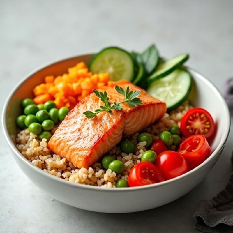 Seared Salmon with Crunchy Vegetable Rice Bowl
