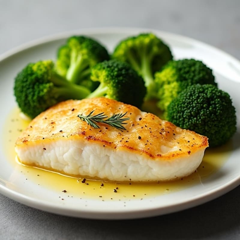 Seared Cod Fillet with Steamed Broccoli and Lemon