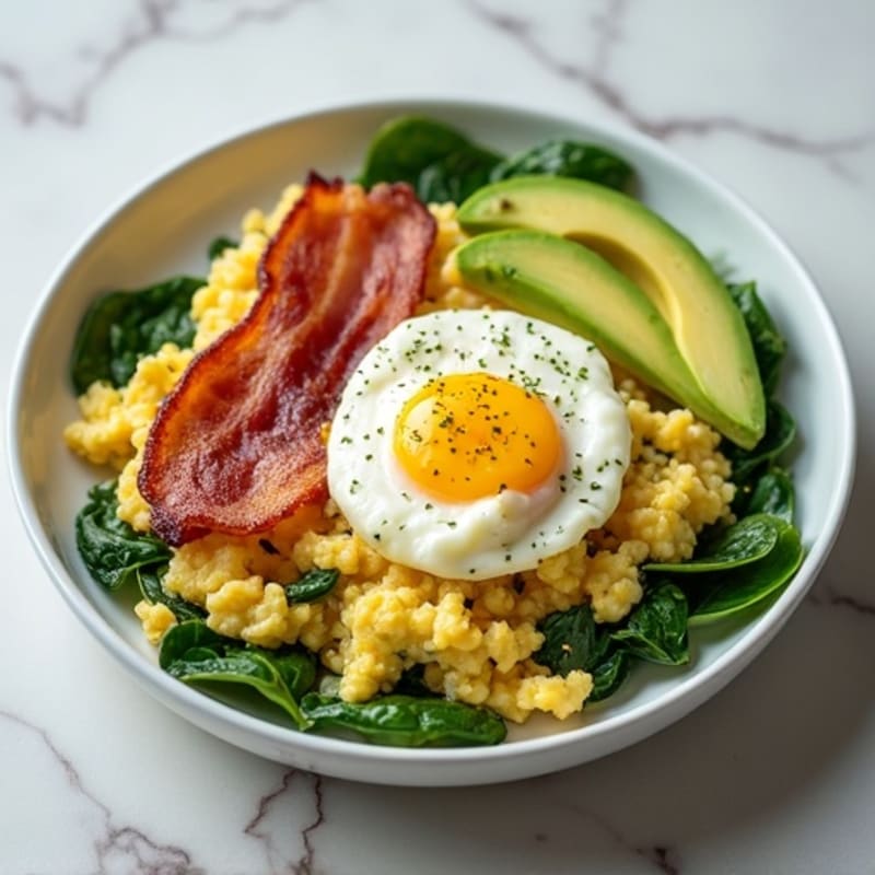 Egg White Spinach Scramble with Cottage Cheese and Turkey Bacon