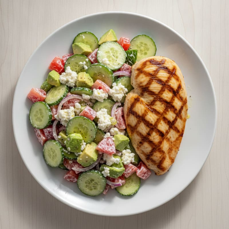Grilled Chicken Breast with Creamy Cucumber Tomato Salad