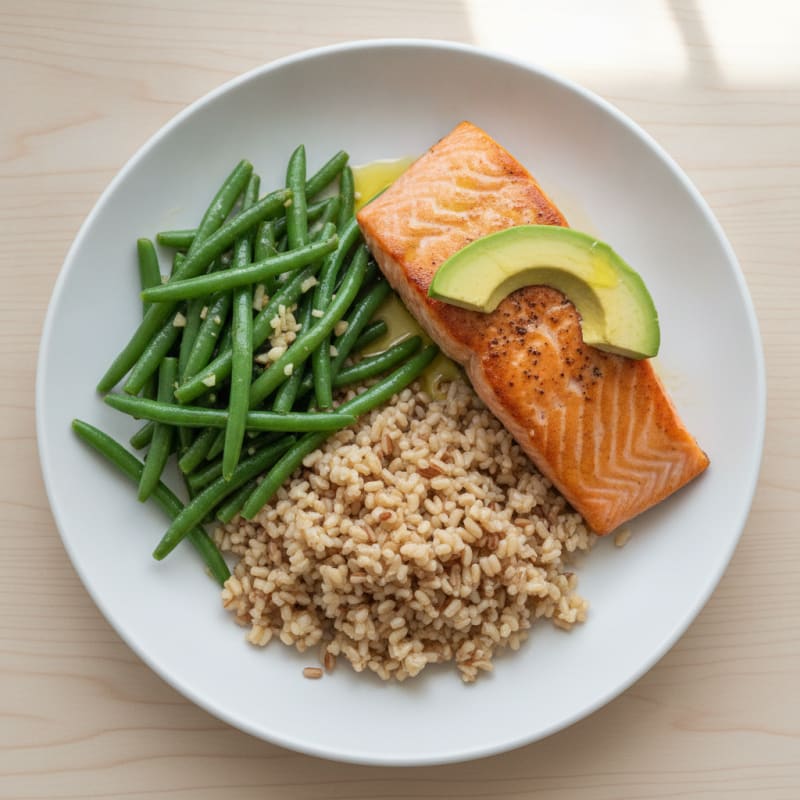 Seared Salmon with Garlic Green Beans and Brown Rice