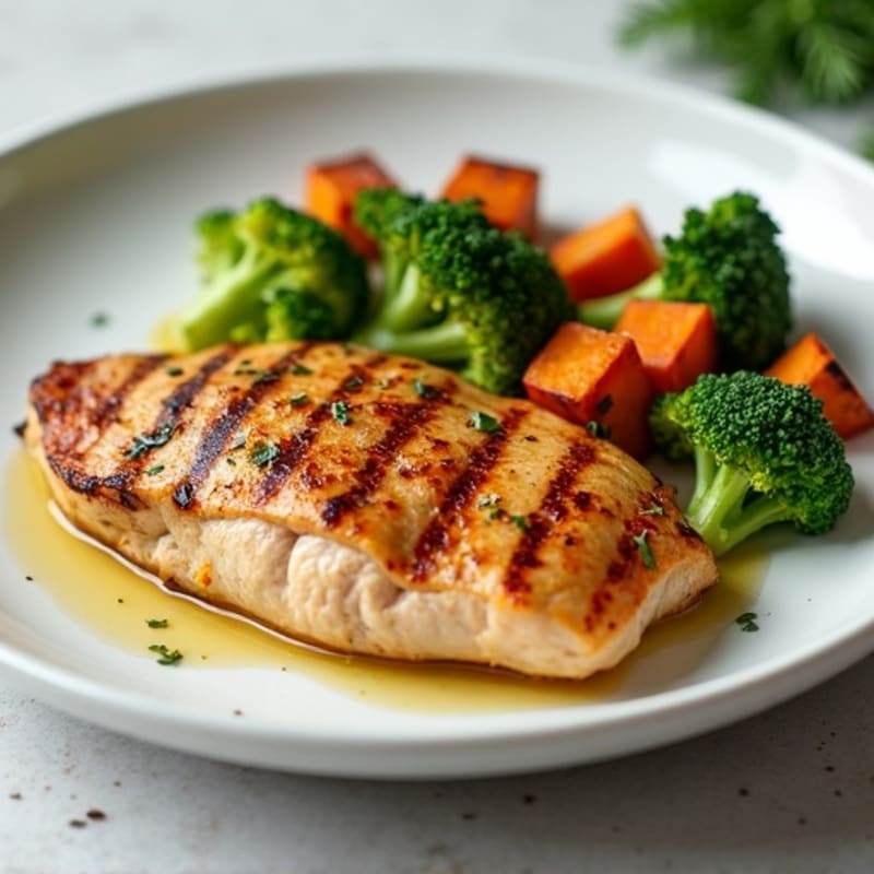 Seared Chicken Breast with Roasted Broccoli and Sweet Potato
