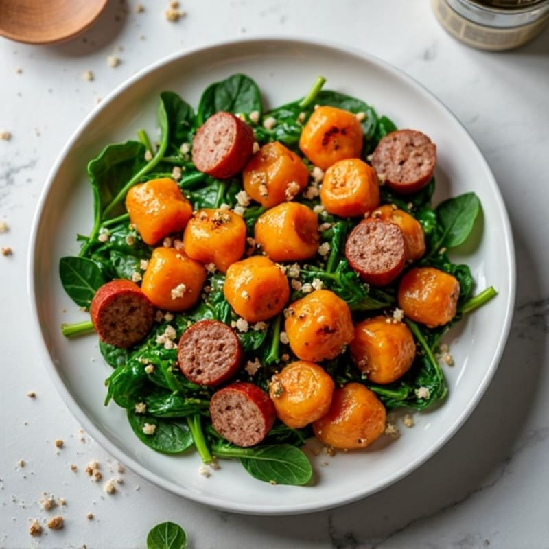 Pan-Seared Sweet Potato Gnocchi with Garlicky Greens and Lean Chicken Sausage