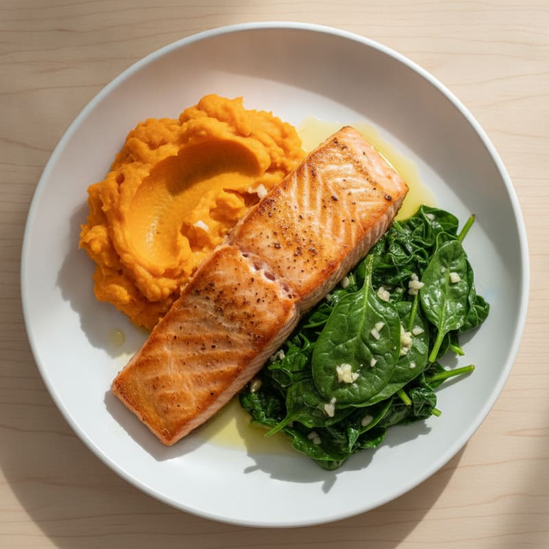 Seared Salmon with Garlic Sautéed Spinach and Sweet Potato Mash
