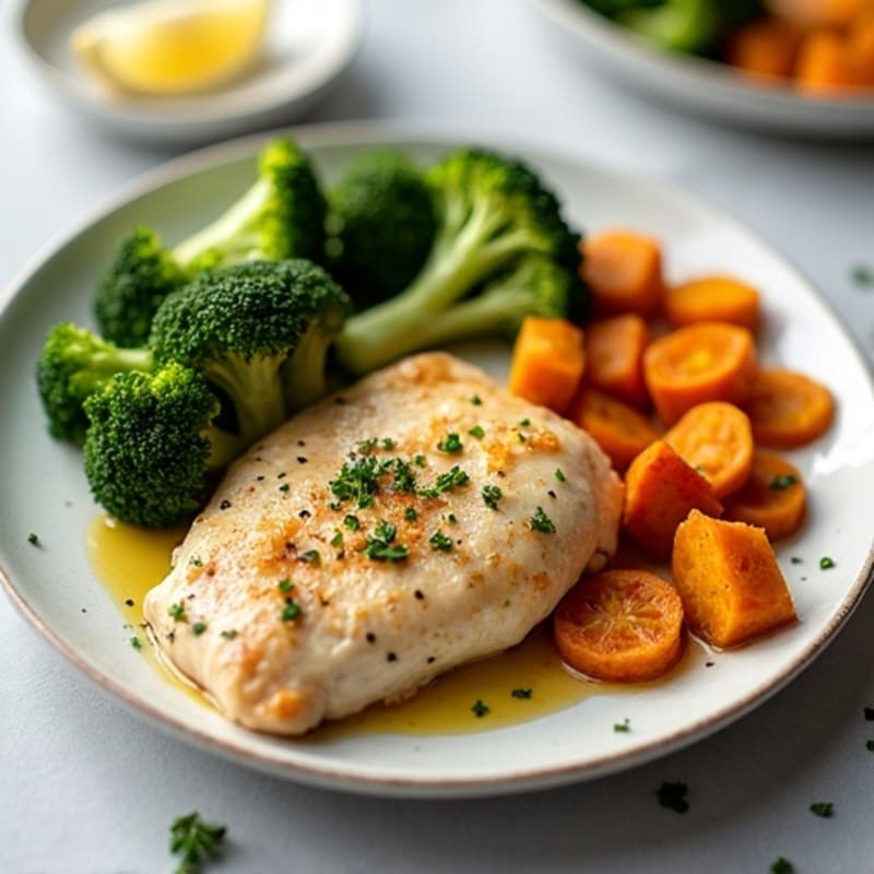 Lemon Garlic Pan-Seared Chicken with Roasted Broccoli and Sweet Potato