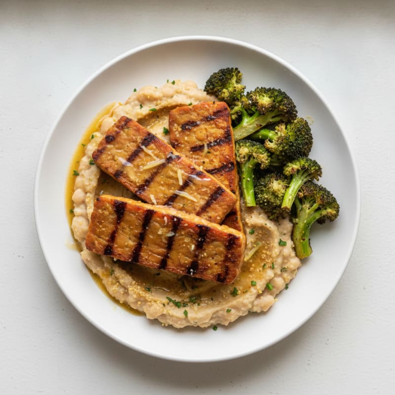 Grilled Tempeh with Roasted Broccoli and White Bean Mash