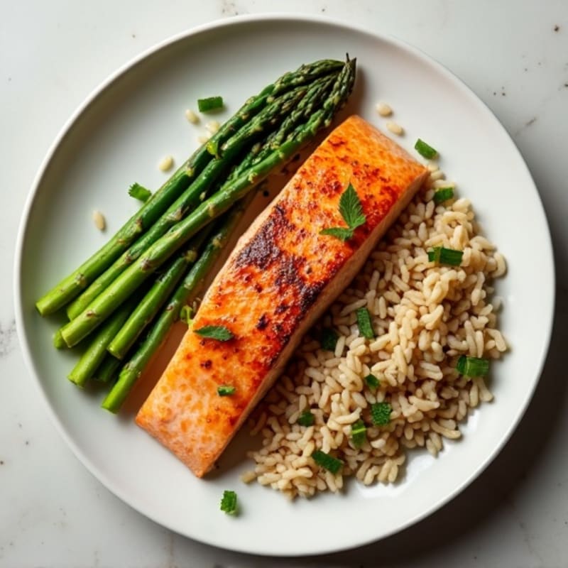 Seared Salmon with Steamed Asparagus and Brown Rice