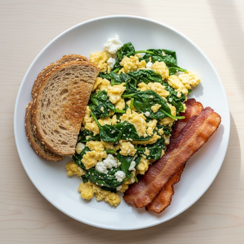 Cottage Cheese Scramble with Spinach and Turkey Bacon