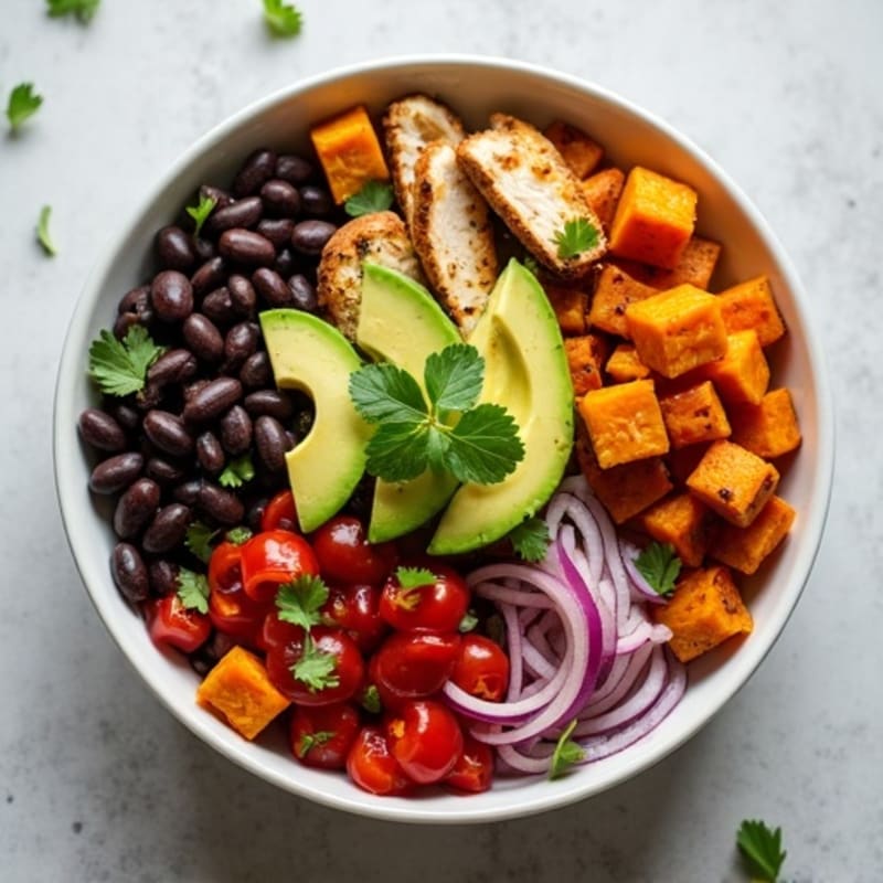 Roasted Sweet Potato and Black Bean Bowl with Creamy Avocado Dressing