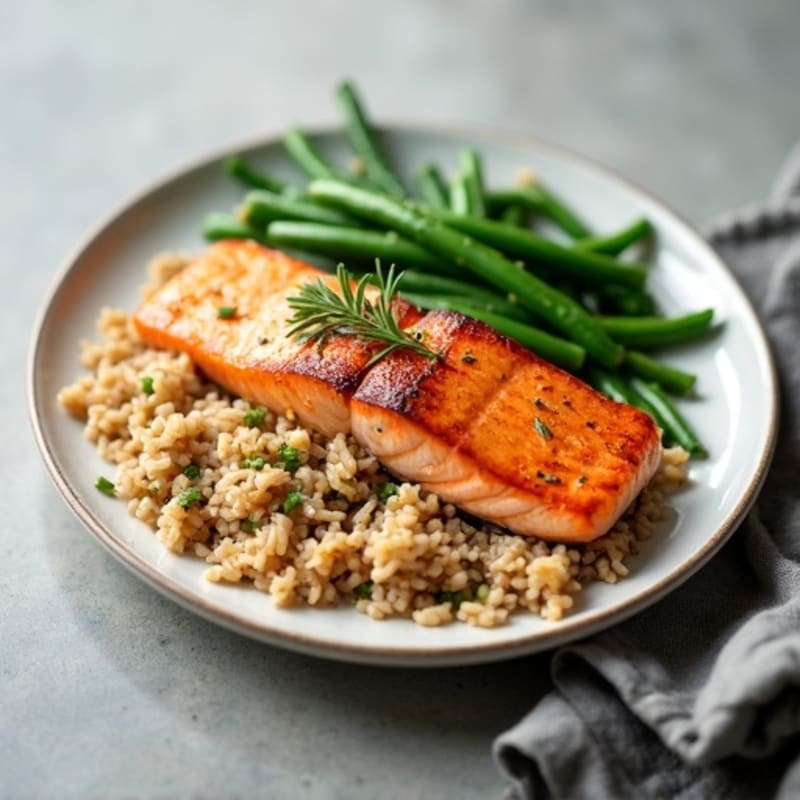Seared Salmon Fillet with Steamed Green Beans and Brown Rice