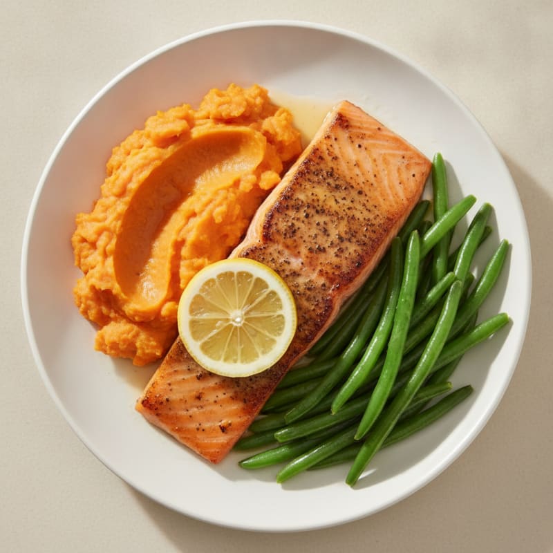 Seared Salmon with Steamed Green Beans and Sweet Potato Mash