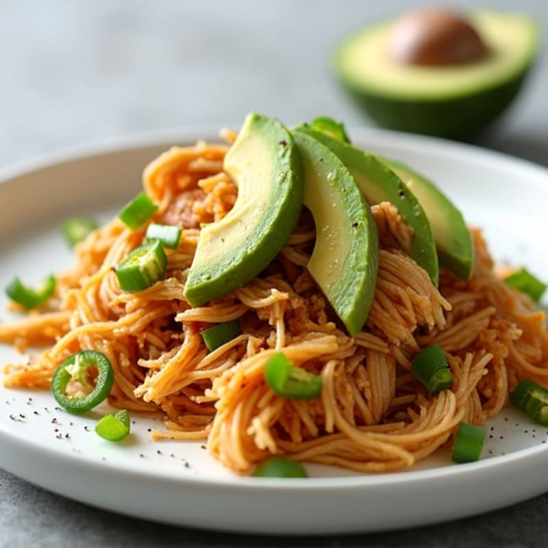 Shredded Spicy Tomatillo Chicken with Creamy Avocado