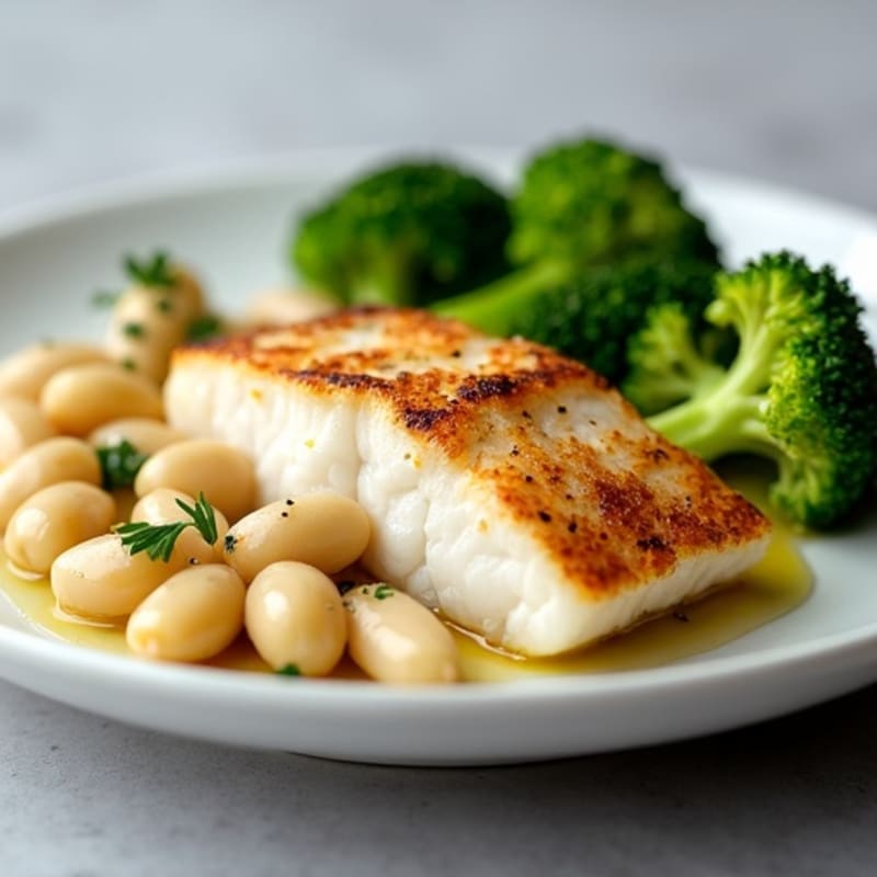 Seared Cod with Steamed Broccoli and Garlic White Beans