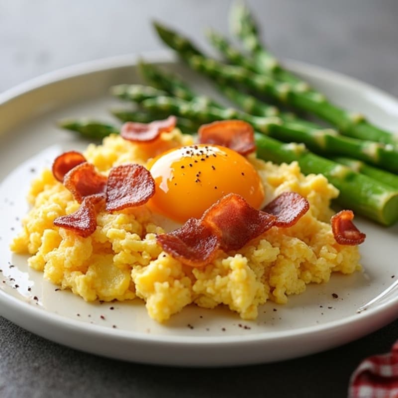 Egg and Bacon Scramble with Sautéed Asparagus