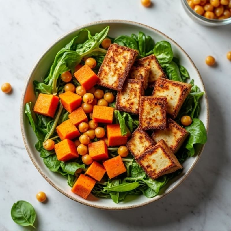 Crispy Roasted Chickpeas and Sweet Potatoes with Fresh Greens and Creamy Tahini Dressing