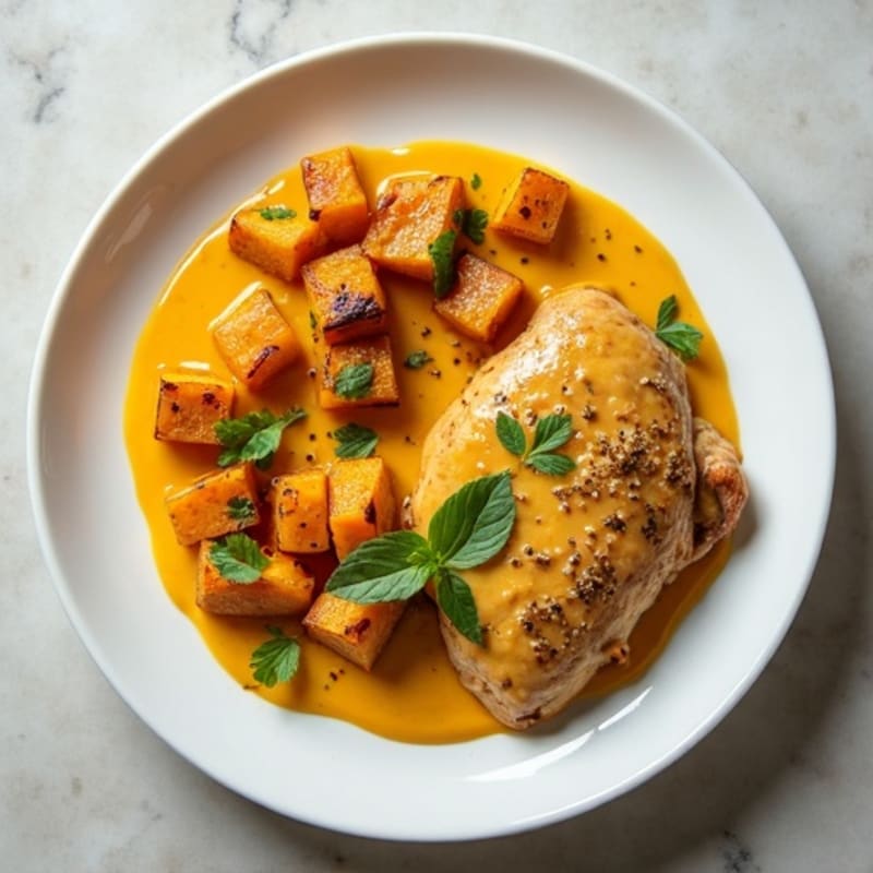Creamy Coconut Curry Chicken with Roasted Sweet Potatoes