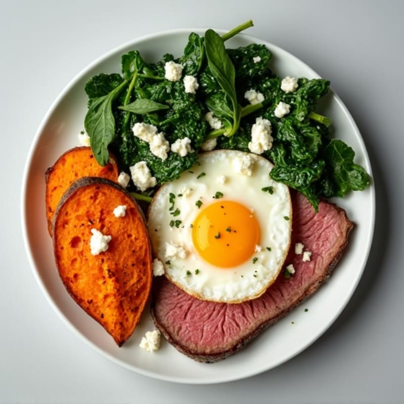 Sweet Potato Egg Scramble with Sautéed Spinach, Feta, and Steak