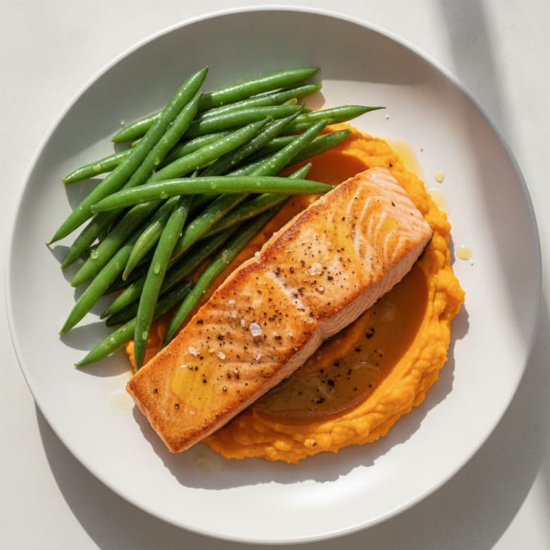 Seared Salmon with Steamed Green Beans and Sweet Potato Mash