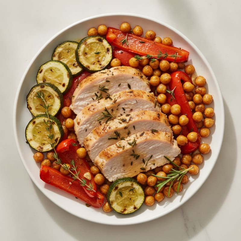Herb-Roasted Turkey Breast with Roasted Vegetables and Chickpeas