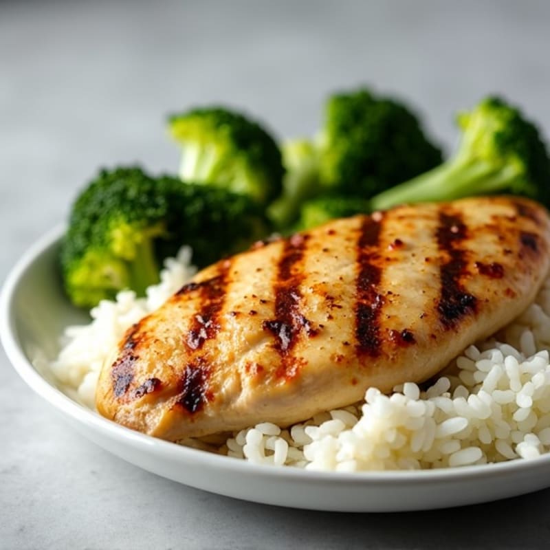 Grilled Chicken Breast with Steamed Rice and Roasted Broccoli