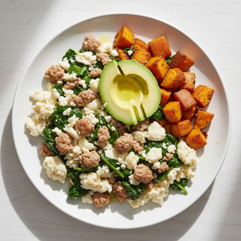 Egg White and Turkey Sausage Scramble with Sautéed Spinach