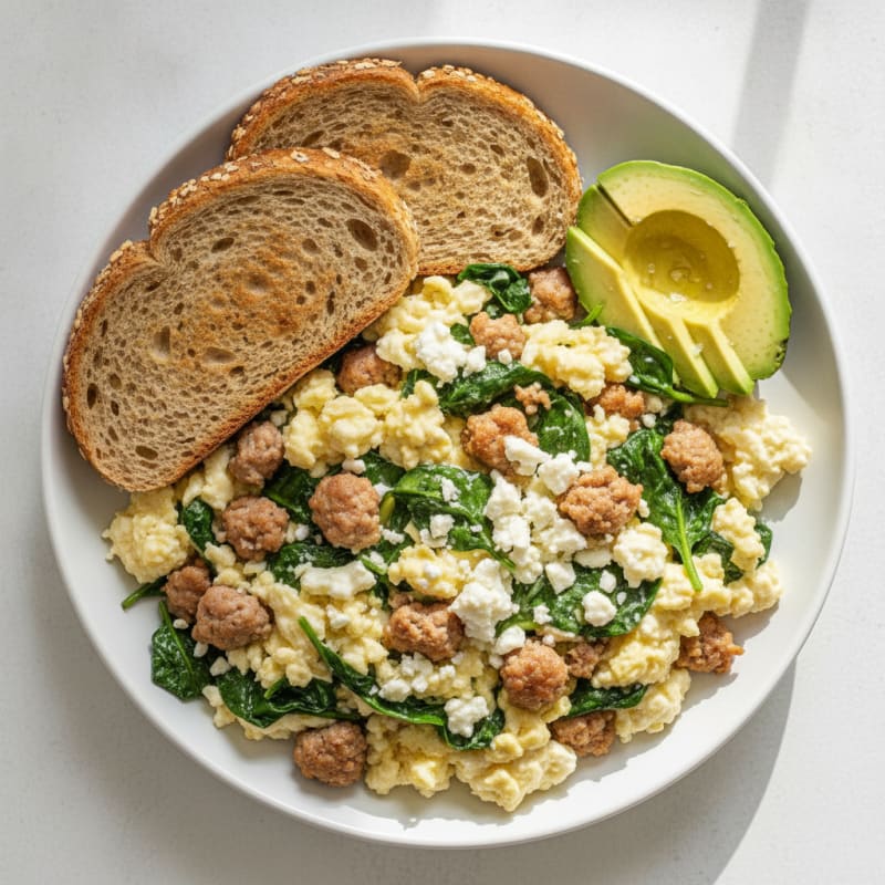 Egg White and Turkey Sausage Scramble with Spinach and Feta