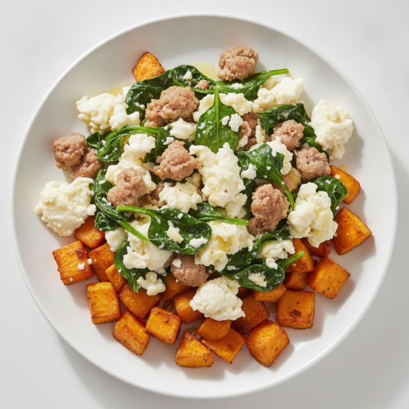 Egg White and Turkey Sausage Scramble with Spinach and Roasted Sweet Potatoes