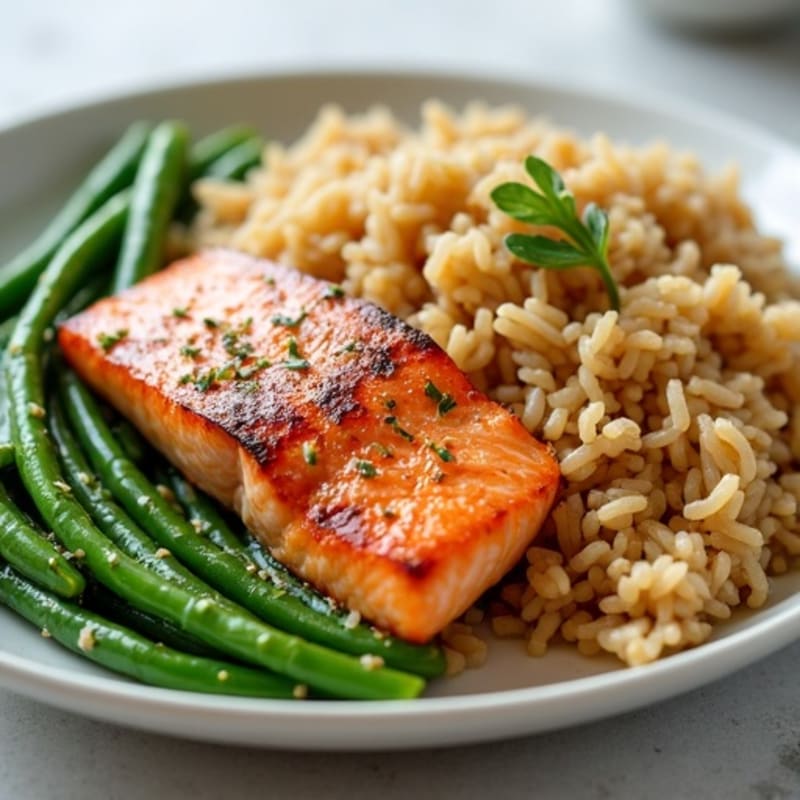Seared Salmon Fillet with Garlic Green Beans and Brown Rice