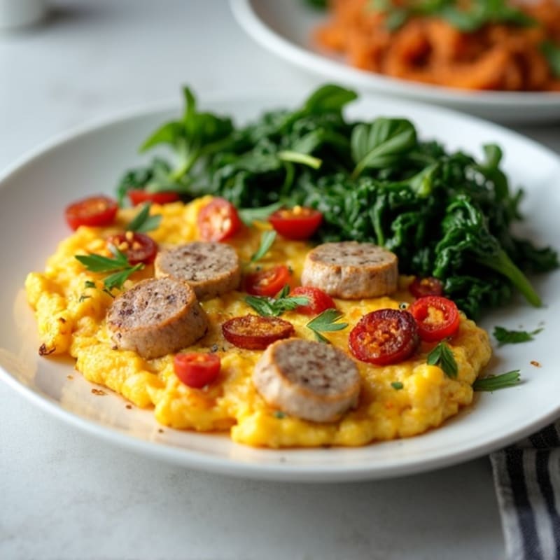 Egg White and Turkey Sausage Scramble with Spinach and Roasted Sweet Potato
