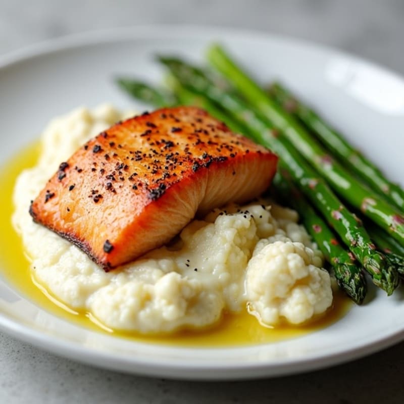 Seared Salmon with Steamed Asparagus and Cauliflower Mash