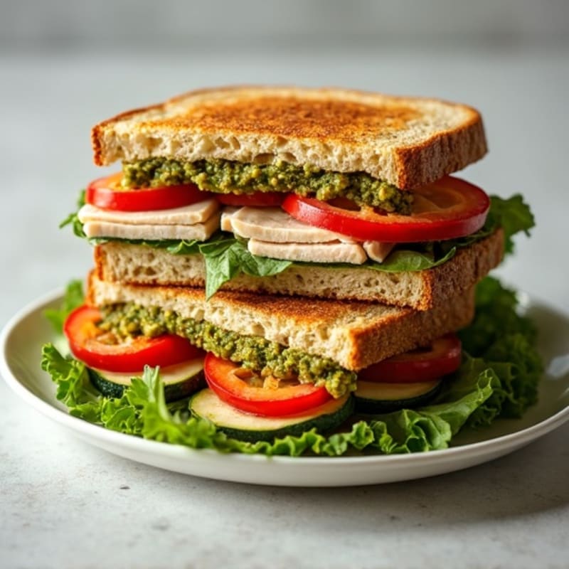 Crispy Whole Wheat Turkey Pesto Panini with Roasted Vegetables