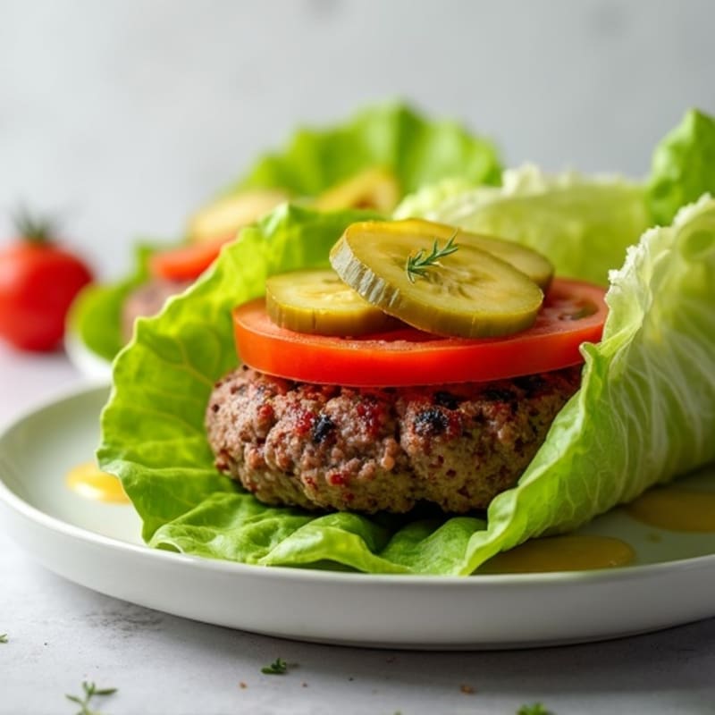 Lean Beef Burger Lettuce Wrap with Tomato and Pickles