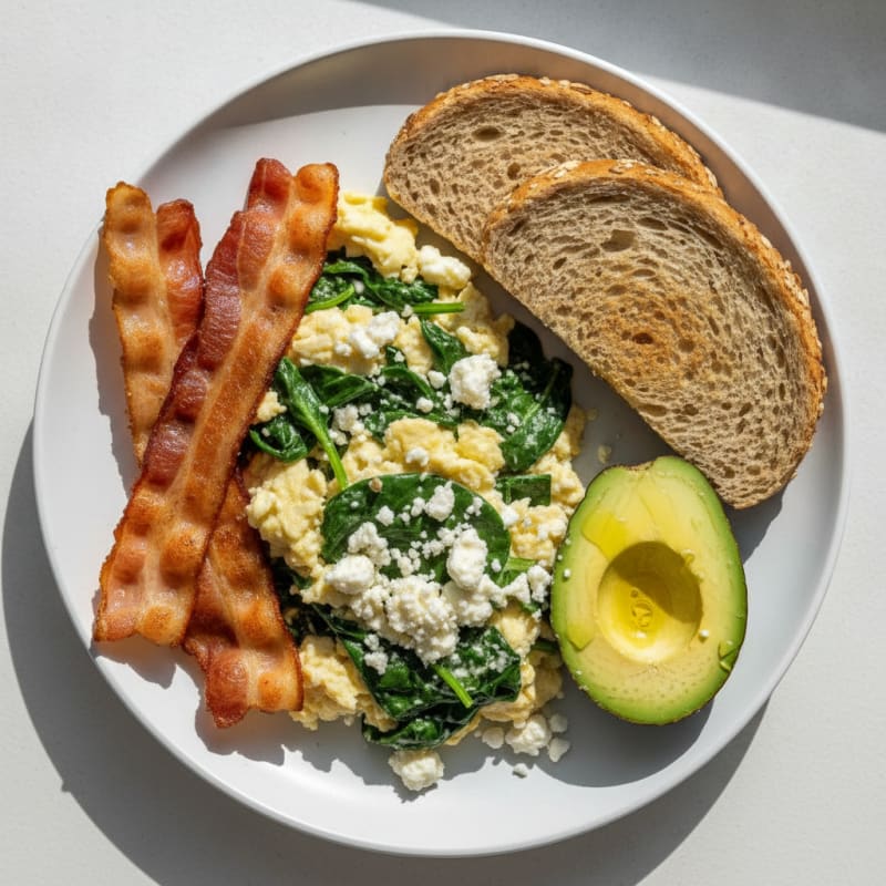 Crispy Turkey Bacon and Egg White Scramble with Spinach and Feta