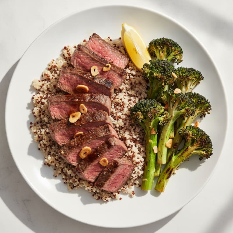 Seared Beef Strips with Roasted Broccoli and Quinoa