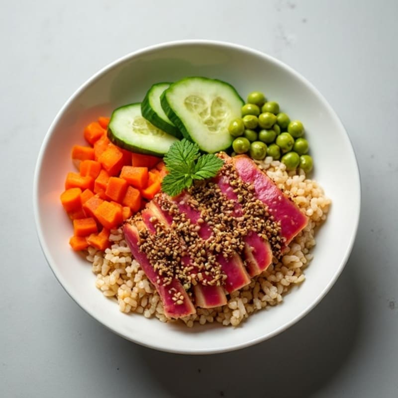 Sesame-Crusted Tuna Rice Bowl with Fresh Vegetables