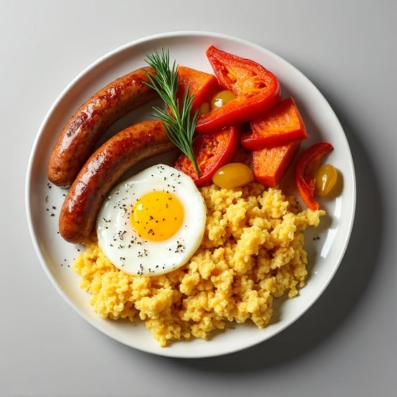 Egg White Scramble with Turkey Sausage and Roasted Sweet Potatoes