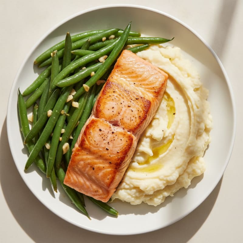 Seared Salmon with Garlic Green Beans and Mashed Cauliflower
