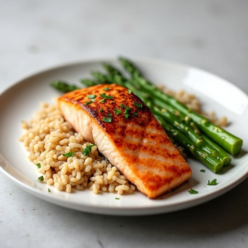 Seared Salmon with Steamed Asparagus and Brown Rice