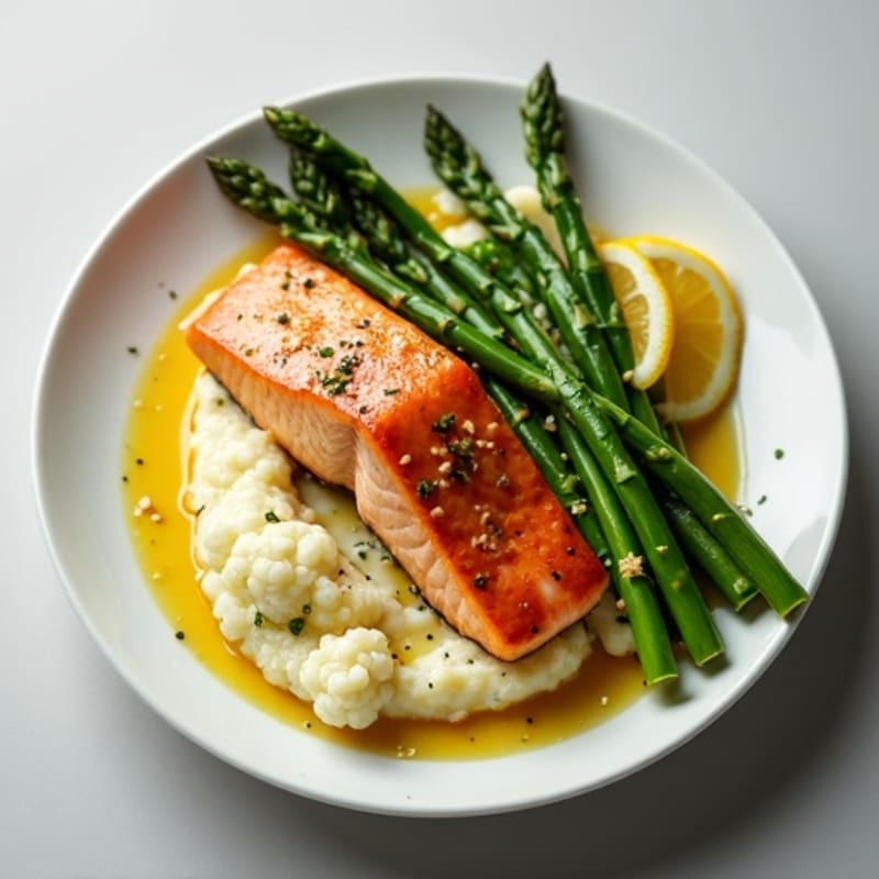 Seared Salmon with Steamed Asparagus and Cauliflower Mash