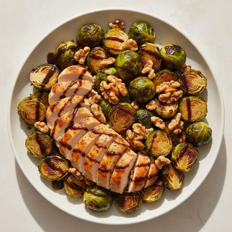 Balsamic-Glazed Brussels Sprouts with Toasted Walnuts and Chicken