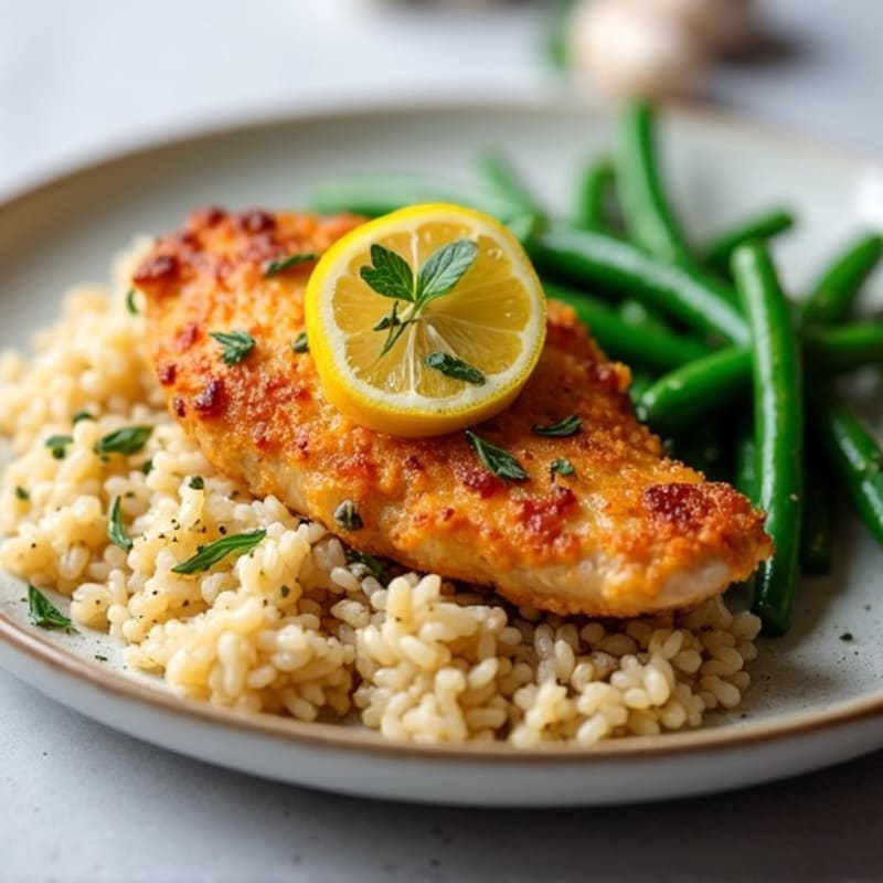 Crispy Lemon Herb Chicken Thigh with Fluffy Brown Rice and Roasted Green Beans