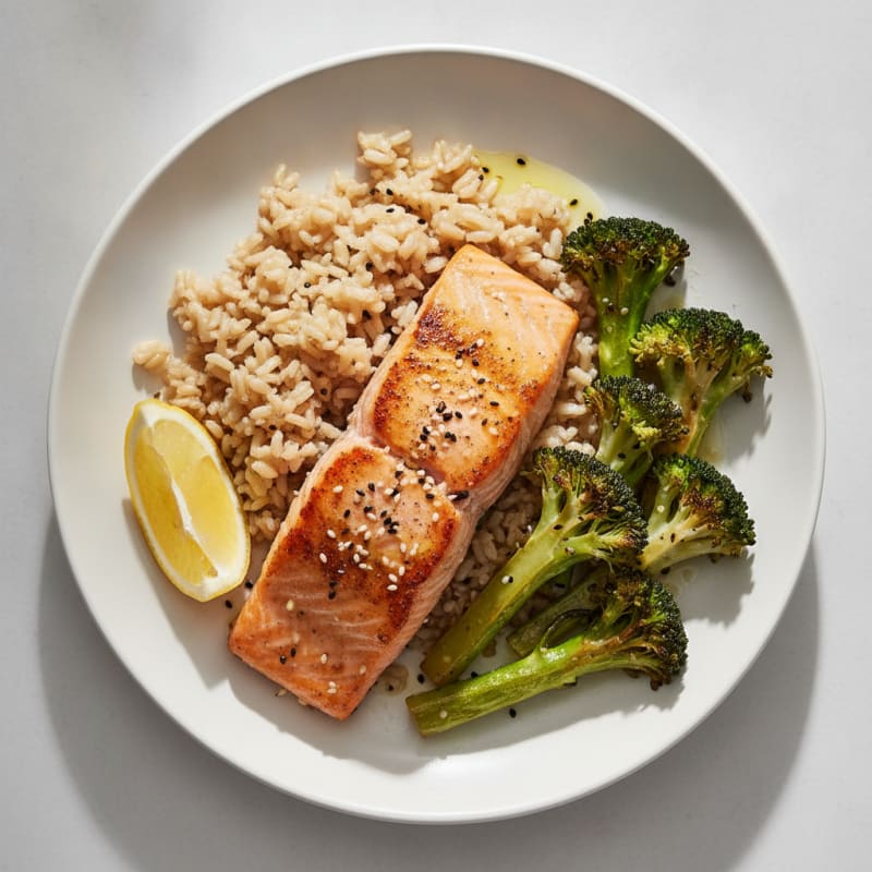 Seared Salmon with Brown Rice and Roasted Broccoli