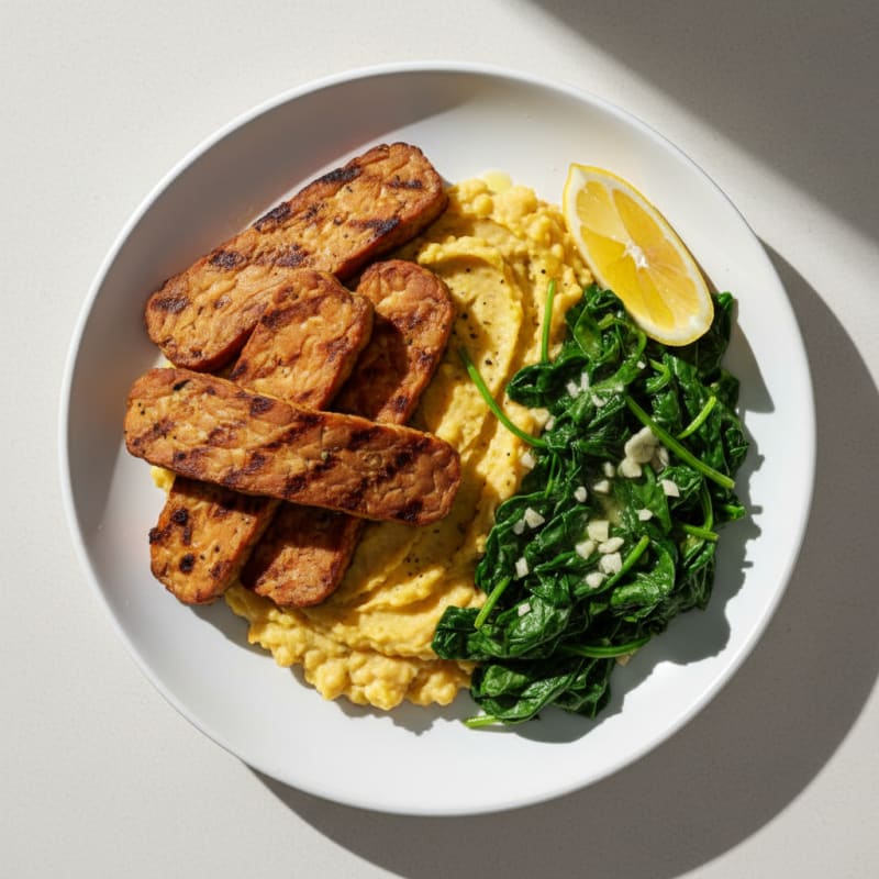 Grilled Tempeh with Garlic Spinach and Chickpea Mash