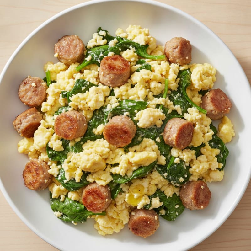Cottage Cheese Scramble with Spinach and Turkey Sausage