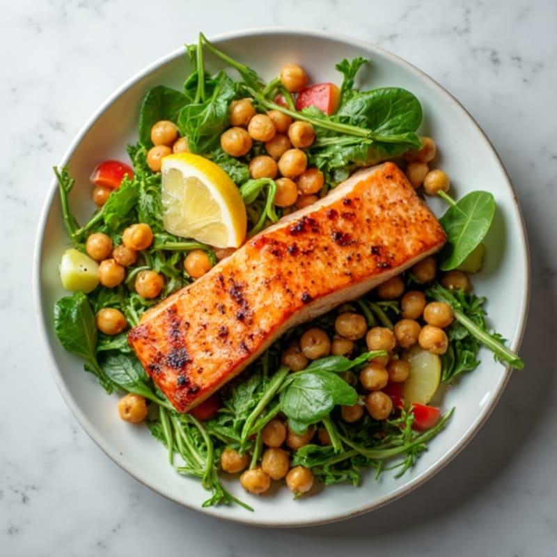 Grilled Salmon Salad with Leafy Greens and Chickpeas