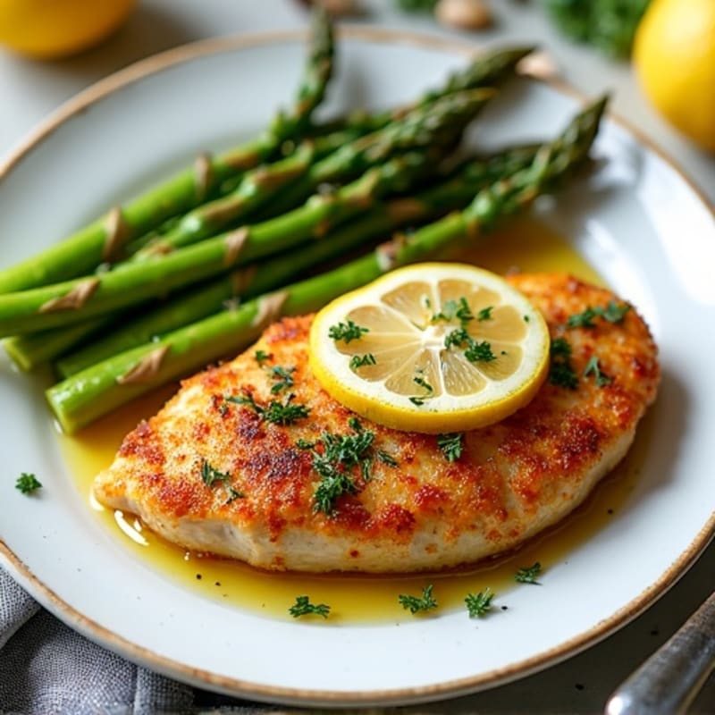 Crispy Lemon Herb Pan-Seared Chicken with Roasted Asparagus