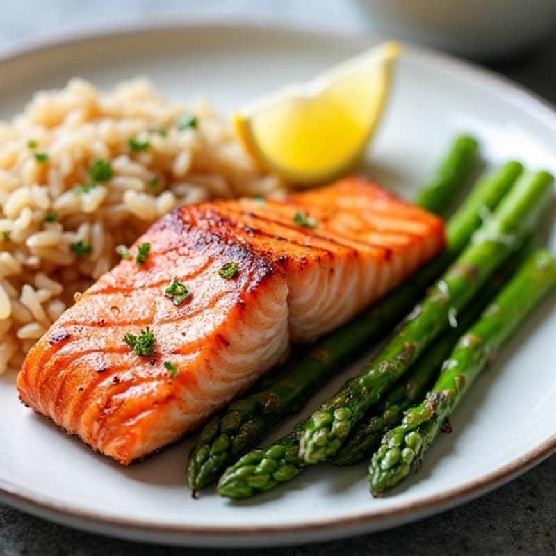 Seared Salmon Fillet with Steamed Asparagus and Brown Rice