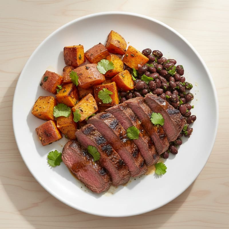 Cilantro Lime Grilled Steak with Roasted Sweet Potato and Black Beans