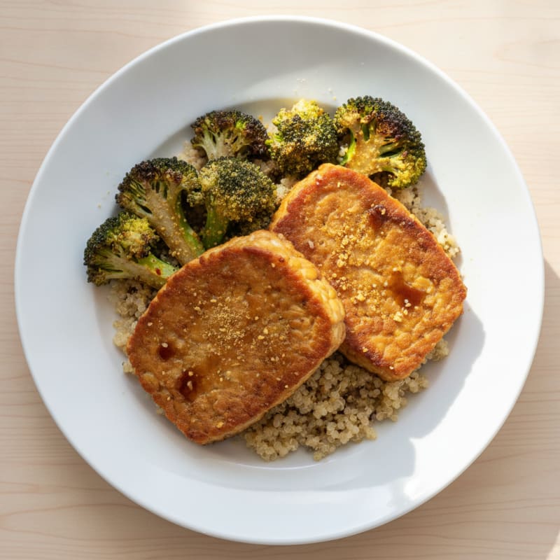 Seared Tempeh Steaks with Roasted Broccoli and Quinoa